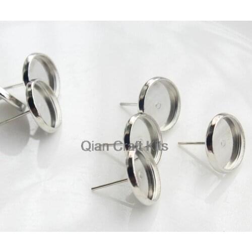 200 sets Stud Earring silver tone Base fit 12mm Round glass gem or cabochon w/ free stoppers