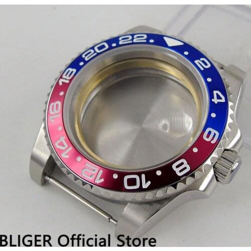 43mm BLIGER high quality red blue turning bezel sapphire glass date magnifier for eta 2836 movement mens watch case