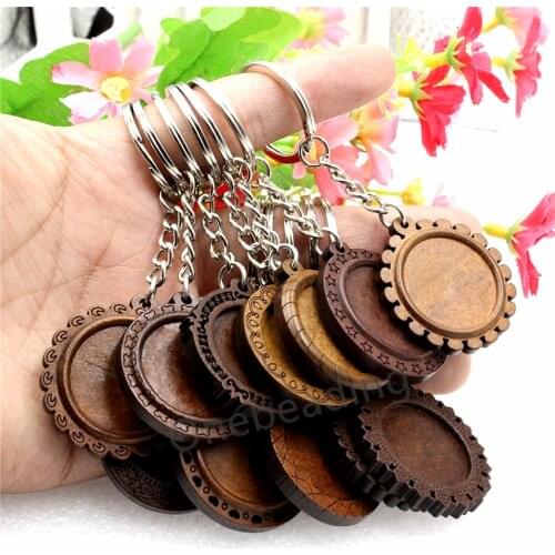 Fit 25mm Cabochons brown Wood Key Rings Chain Cord Base blank Wooden Pendant Trays Diy Jewelry Accessories Making 5pcs K06091