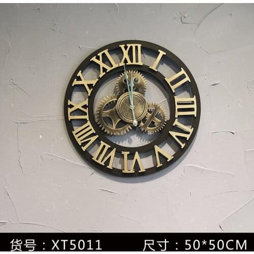 Large Wooden Wall Clock Industrial Gear Old Gold Wall Clock Metal Vintage Roman Numerals Reloj Mural Home Decortion WF50WC