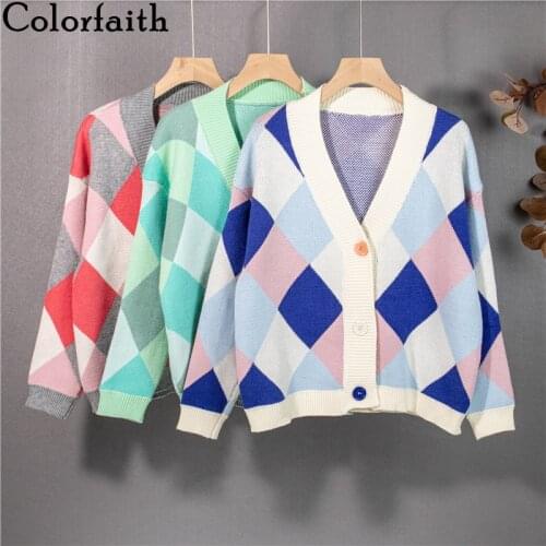 Colorfaith New 2021 Womens Autumn Winter Sweaters Plaid Checkered Elegant Cardigans Vintage Wild Knitwear Short Tops SWC1370JX