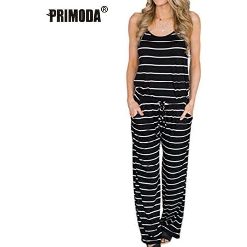Long Striped Jumpsuits Summer Women Spaghetti Strap Playsuits Sexy Casual Beach Jumper Wide Leg Pants Overalls Plus Size PR407G