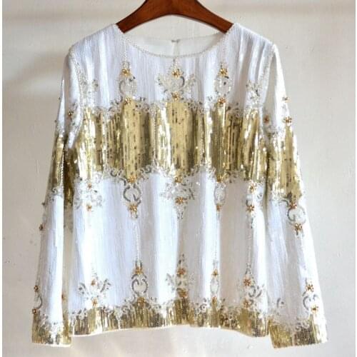 New Women Sexy See-Through Lace Shirt Top Long Sleeve Beaded Diamond Embroidery Sequined Blouse Autumn Winter Shirts