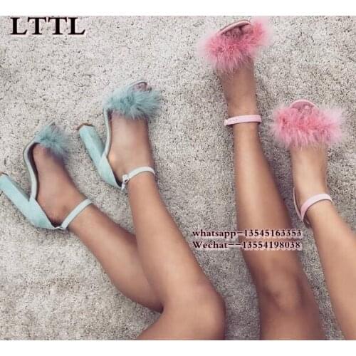 Summer New Rabbit Fur Leather Sandals Women Casual Thick Heel Shoes Open Toe Fur Buckle High Heel Women Sandals