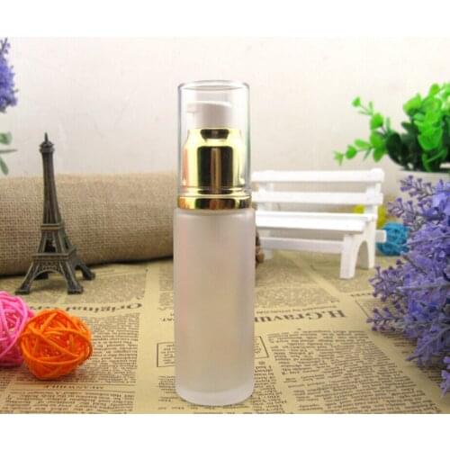 Wholesale 30ML Frosted Glass Lotion Pump Bottle 1 oz Aluminum Pump Glass Bottle Cosmetic Container