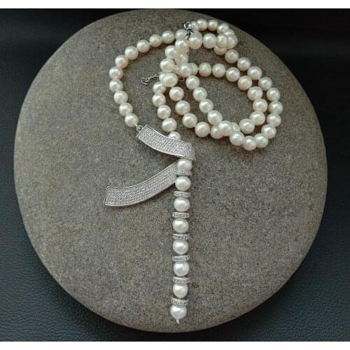 24'' 8-9MM White round freshwater Pearl Necklace CZ micro pave connector sweater chain necklace for women