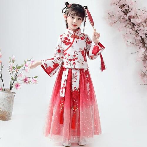 Girls Han Fu Chinese Style Flower Girl Dress Dramaturgic Robe Dress for Kids Chinese Traditional Ancient New Year Clothing