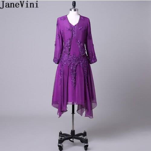 JaneVini Purple Plus Size Mother of The Bride Dresses With Jacket A Line V Neck Lace Appliques Sequined Beaded Jurk Plus Jasje