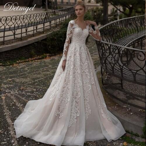 Detmgel Sexy Scooped Neck Backless A-line Wedding Dresses 2021 Luxury Beaded Appliques Satin Court Train Princess Wedding Gown