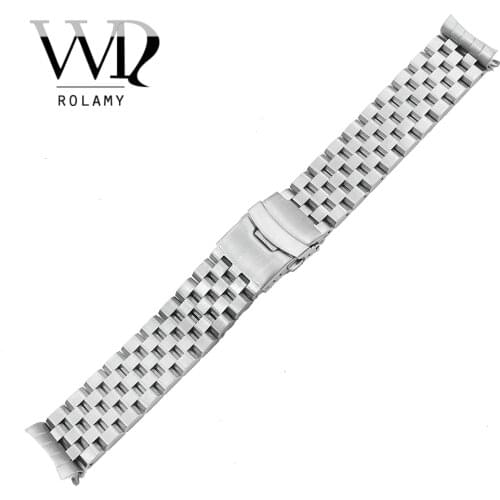 Rolamy 22mm Silver Hollow Curved End Solid Links Replacement Watch Band Strap Bracelet Double Push Clasp For Seiko