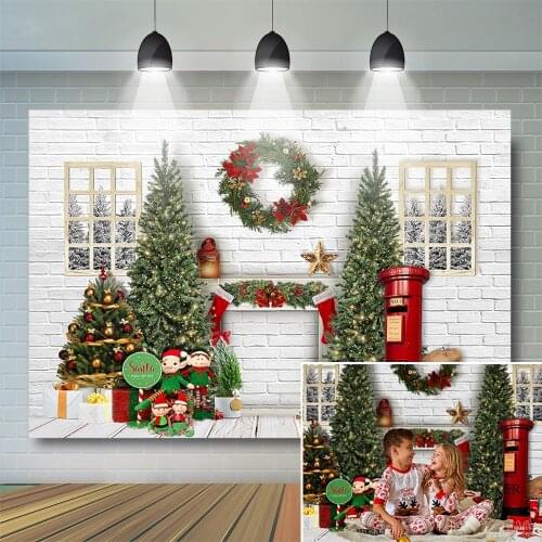 Christmas Santa Claus Backdrop Kids Photo Portrait White Brick Wall Red Email Box Wreath Fireplace Photography Background Studio