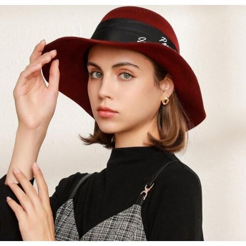 Light Luxury French Woolen Fedoras Hat for Female Oudoor Sun Protection Winter Hat Trendy Gentlewoman Travel Wide Brim Dome Cap