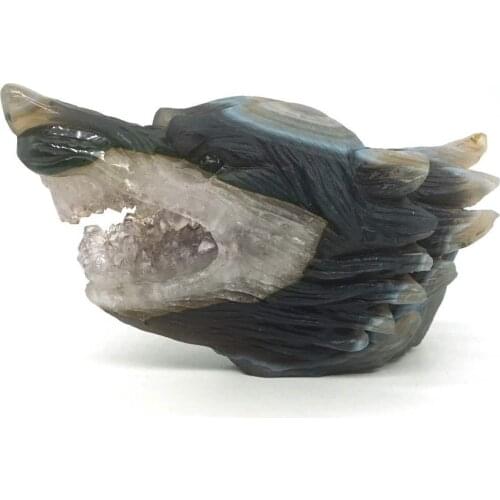 Wolf Head Statue Natural Gemstone Geode Agate Carved Figurine Home Ornament5.27"