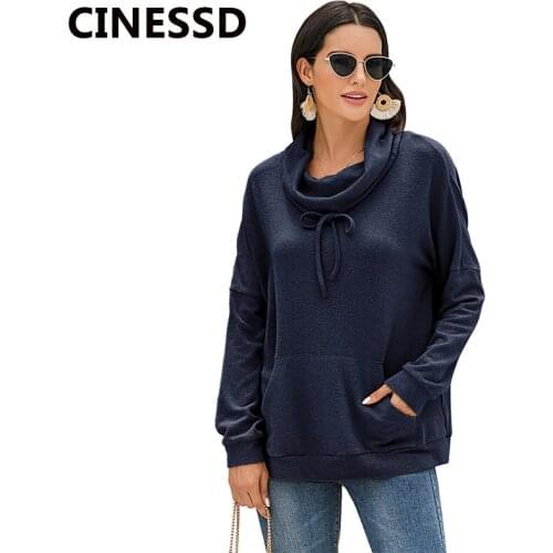 CINESSD 2020 Autumn Winter Casual Solid Hoodies Women Navy Blue Long Sleeve Pullover Fleece Tops Plush Pocket Lace Up Sweatshirt