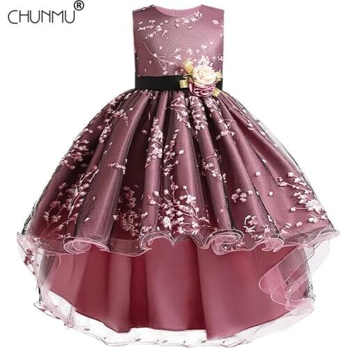 Flower Baby Girls Dress For Party Wedding Custumes Lace Traling Bow Girls Princess Dress Kids Vestidos Birthday Ceremony Clothes