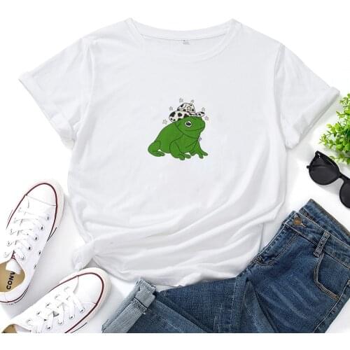 Shining Frog T Shirt Women Cute Cartoon Pattern Women Tshirt Casual O-neck T-Shirt Women White Loose Tee Shirt Top