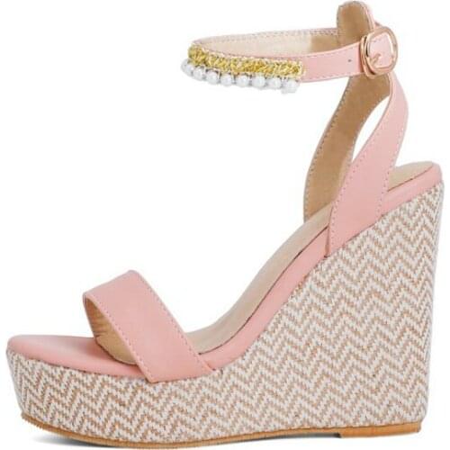 ZawsThia Chic Bohemian Pearls Beads String Womens Sandals Hemp Sole Platform Wedges High Heels Female Shoes Oversize 45 46 47 48