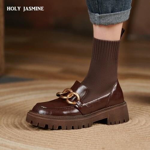 2021 Retro Women Ankle Boots Autumn Winter Genuine Leather Knitting Sock Boots Thick Heels Metal Decoration Platform Shoes Woman