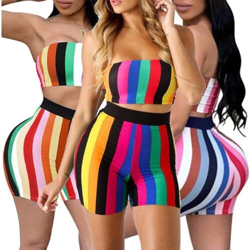 New Fashion Womens Summer Clothes Sets Sexy 2 Piece Outfits Bodycon Stripe Print Strapless Tube Crop Tops and High Waist Shorts