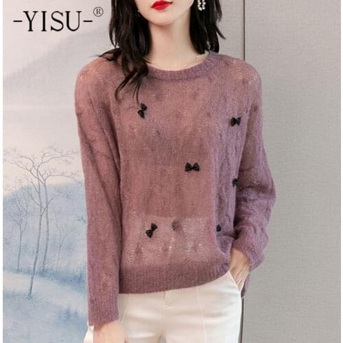 YISU 2021 New Women Loose Mohair Sweater Autumn Winter Bow O-Neck Top Fashion Female Knitted pullover Long sleeve Women clothing