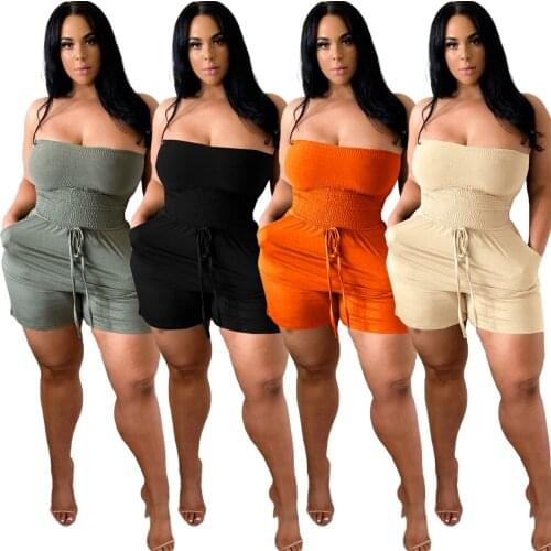 Echoine Plus Size Solid Color Wrapped Chest Tube Top Loose Pocket Shorts Jumpsuit