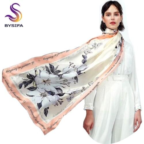 [BYSIFA] Brand Ladies Silk Scarf Shawl 2018 Fashion Elegant Lilac Flower Long Scarves Wraps Winter Beige Muslim Head Neck Scarf