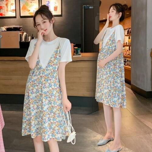 Plus Size Pregnant Women Summer Dresses Short Slevee O-neck Cotton Patchwork Floral Chifon Maternity Dress Sweet Pregnancy Dress