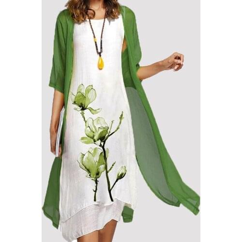 Women Sleeveless Retro Dress With Chiffon Cardigan Tops Elegant Floral Print Party Dress Spring Autumn Casual O Neck Loose Dress