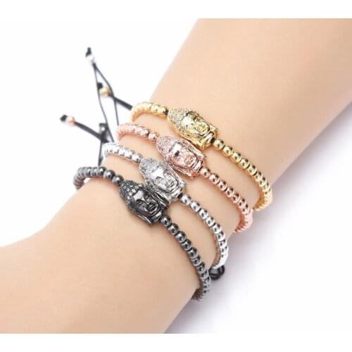 Gold silver micro pave cz Cubic Zirconia rope adjusted Copper Beads Bracelet ch43 Buddha head Charm Braided Bangles