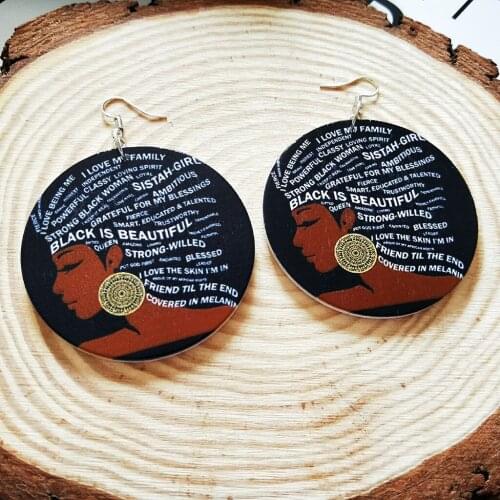 1 Pair African Girl Earrings Wooden Round Tag Hippy Hook Tribe Ear Jewelry D