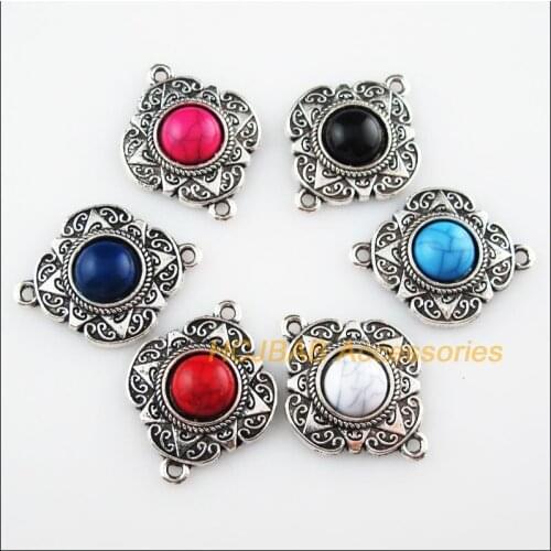 6 New Flower Mixed Charms Connectors Stone Tibetan Silver Pendant 23.5x30mm
