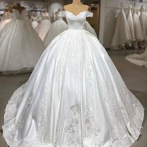 Lceland Poppy Off the Shoulder Ball Gown Wedding Dresses 2021 Lace Appliques Beaded Floor Length Satin Bridal Gowns Corset Back