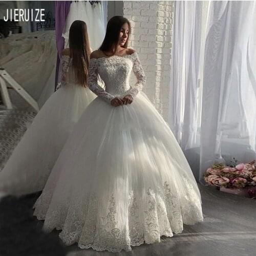 JIERUIZE White Elegant Princess Wedding Dresses With Long Sleeves Off the Shoulder Bridal Gowns Lace Appliques Vestidos De Noiva