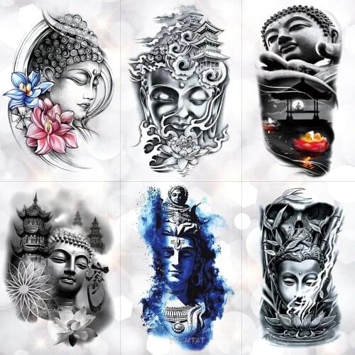 Buddha Sakyamuni Waterproof Temporary Tattoo Sticker Bamboo Lotus light Tower Flash Arm Tattoos Body Art Fake Tatoo