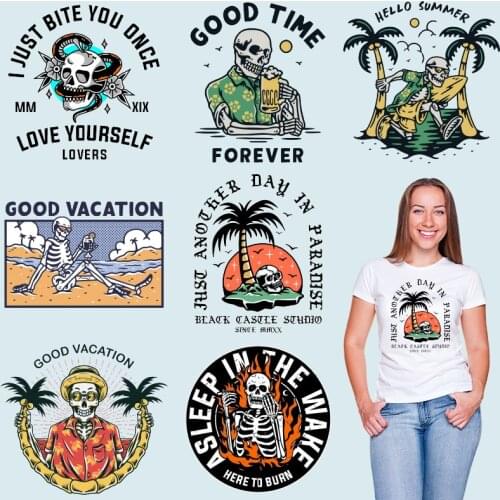 Skull skeleton on vacation Stickers on fabric Garment Accessories Heat Transfer manualidades diy craft Chest badges