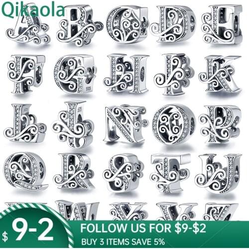 Qikaola 100% Real 925 Sterling Silver Letter Alphabet A-Z Charm Name Bead Fit Original Bracelet Pendant Jewelry CMC030