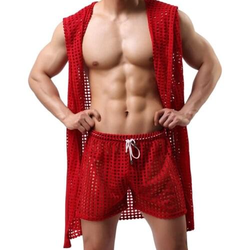 Men Mesh Fishnet Robes Pants Hooded Bathrobes Homewear Nightwear Hollow Out Men Robe Set Wrestling Singlet Pajamas Set Sleepwear