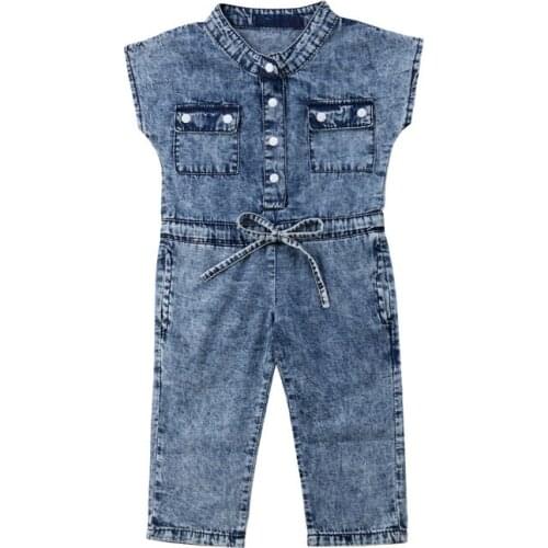 Toddler Kids Baby Girl Button Denim Romper Jumpsuits Playsuit Short Sleeve Pocket Summer Autumn One Pieces Outfits Clothes 1-6Y