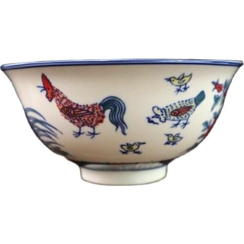 Chinese old porcelain Pastel porcelain Blue and white plus color blessing chicken pattern bowl