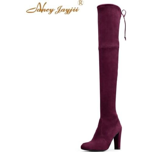 THE HIGHLAND Heel height measures approximately 3.5 inches Flock Round Toe Over the Knee Boots WineRed Kid Suede Shoes Woman