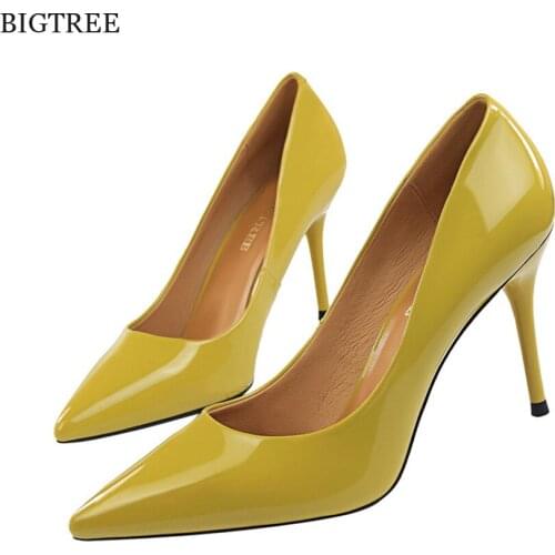 2021 New Autumn Concise Women Pumps Patent Leather Office Shoes Fashion Shallow Women High Heels Shoes Pointed Red Wedding Shoes