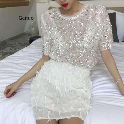 New Arrival Solid O-neck Loose T-shirt Short Sleeve Casual Fashion Summer Women Tops Sequined White T Shirts