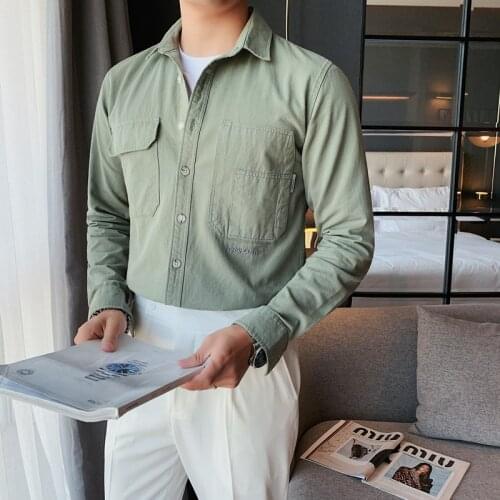 2021 Solid Color Korean Fashion Mens Shirt Autumn Long Sleeve Casual Shirts Loose Street Tops Social Party Camisas Masculina