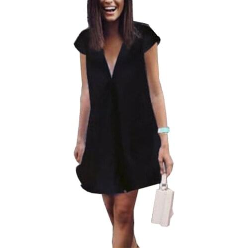 Plus Size Women Casual Loose V-Neck Oversize Loose Chiffon Solid Short Dress