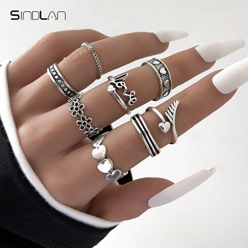 Sindlan 8Pcs Boho Geometric Silver Color Heart Rings for Women Charm Hollow Flower Letter Love Female Old Fashion Joint Jewelry