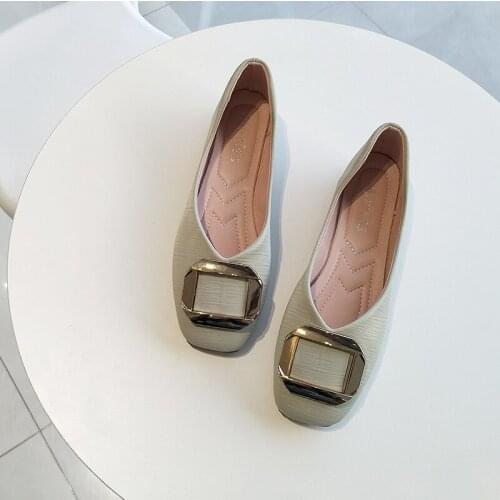 Spring and Summer Flat-bottom Square-toed Single Shoes Shallow Mouth Flat-heeled Soft Leather Metal Square Buckle Versatile Shoe