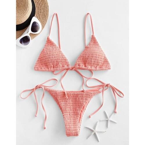 TELOTUNY Womens swimsuits Ladies Push Up High Cut Lace Up Smocked String Bikini Set Solid sexy Two Piece Swimsuit bathing suit