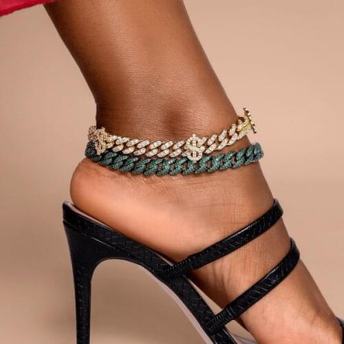 2021 Summer Hot Selling Foot Chain 5A CZ Cubic Zirconia Cuban Link Chain 9" 10" Dollar Sign Charm Ice Women Anklet