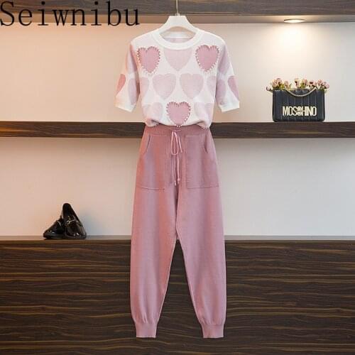 Hot Sale Spring Fall Fashion Sweet Love Print Beading Pullover Tops + Double Pocket Lace Up Trousers Knit Two-Piece Sets Women