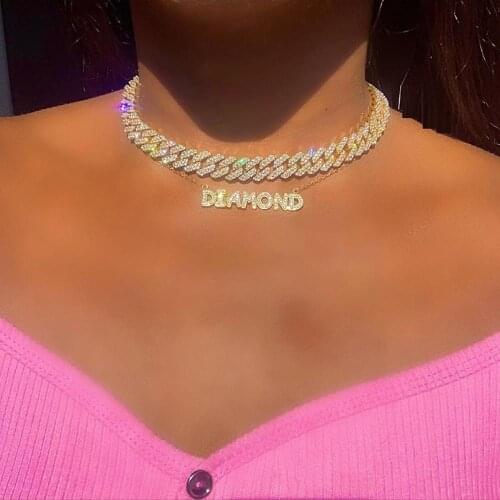 Geometric Miami cuban link chain choker necklace for women iced out bling hip hop high quality women cuban chains 15inch 16inch